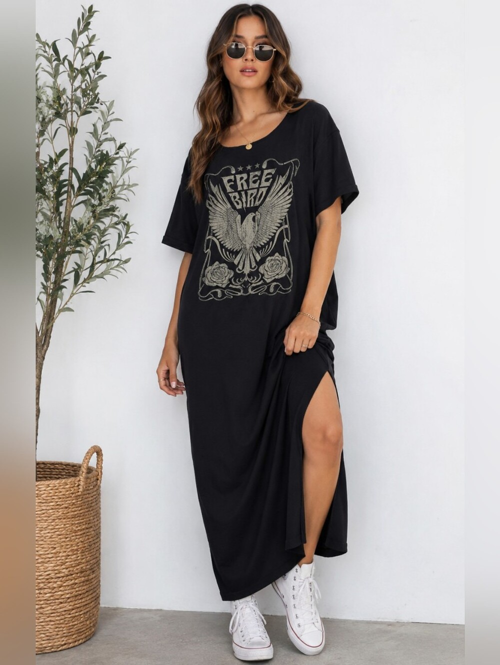 Zutter "Free Bird" Graphic Maxi T-Shirt Dress Black
